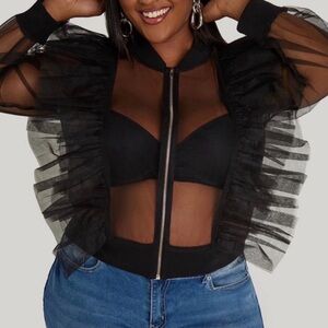 Ashley Stewart Black Sheer Ruffle Jacket